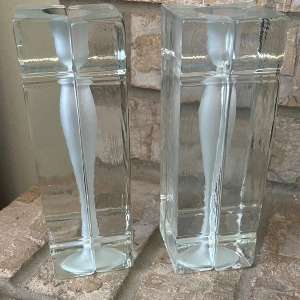 Vintage Pair Heavy Glass Blocks w/ Frosted Candle Stick Mold Decor Bookends RARE